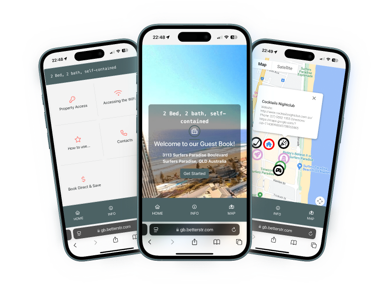 Mobile phones showing the BetterSTR digital guestbook interface with property information