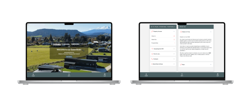 Laptop displaying Snowmass Ohakune property guestbook example with local attractions and information